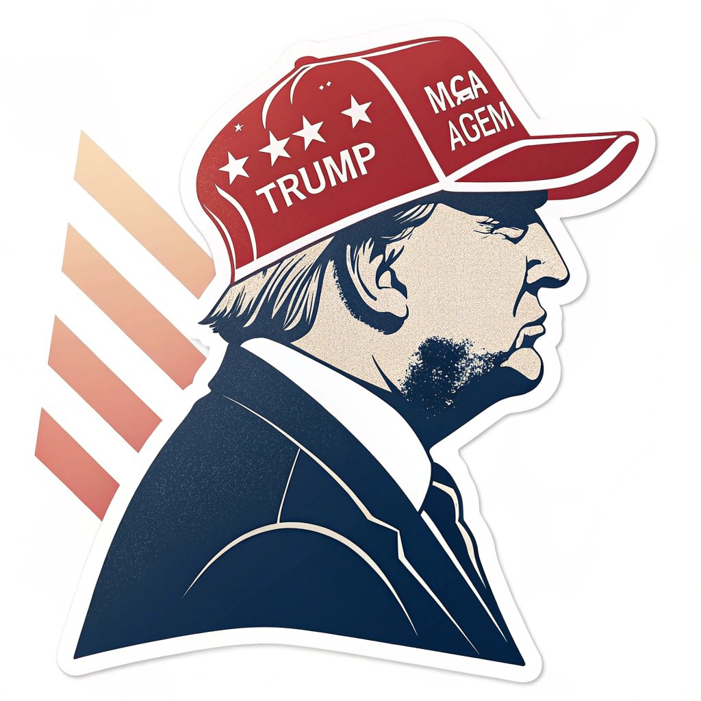 A sticker that combines a silhouette of Donald Trump with the MAGA hat, using a limited color palette to create a striking and modern design.