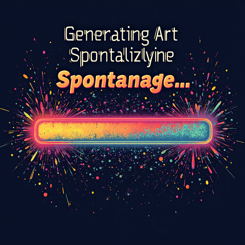 Art Generation Progress Bar: A visual of a progress bar labeled 'Generating Art Spontaneously...' that is filling up with vibrant, chaotic artistic textures. The warning text is placed above or below.