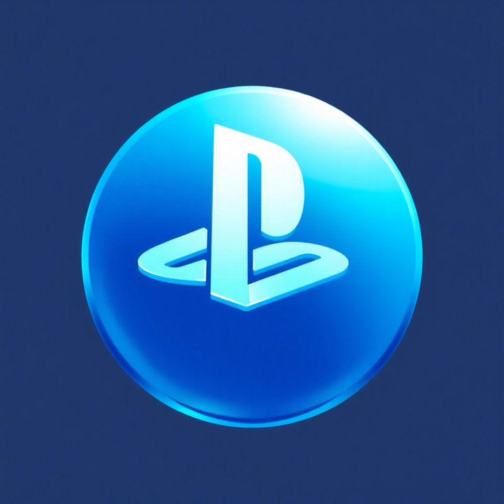 The image is a circular logo of the PlayStation 4 console. The logo is in the center of the image and is a bright blue color. The background is a solid dark blue color, making the logo stand out. In the center, there is a white letter P in the shape of a triangle, which is the logo for the video game console. Around the triangle, there are two curved lines that form the letter B and C. The overall design is simple and minimalistic.