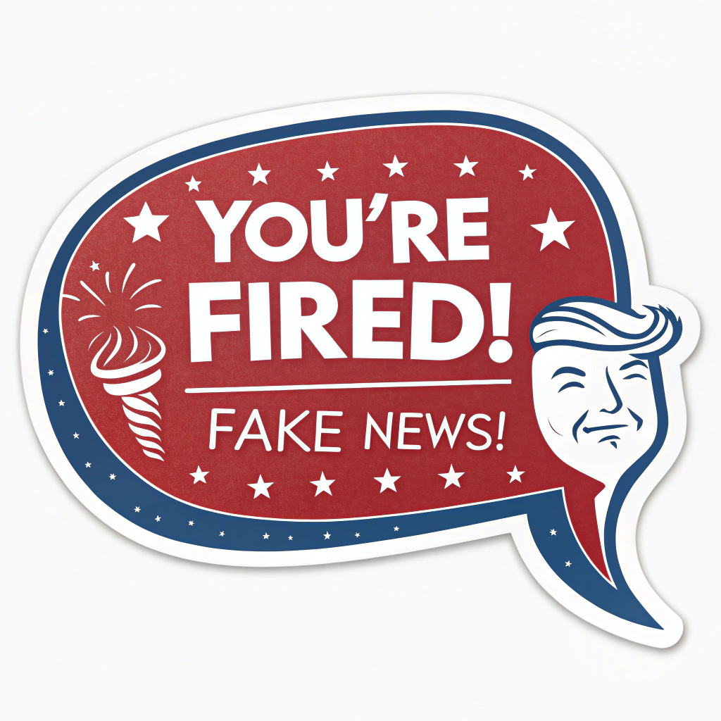 A sticker shaped like a speech bubble with a famous Trump quote, such as 'You're Fired!' or 'Fake News!' in a comic book style.