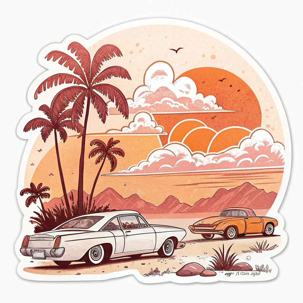 The image is an illustration of a tropical scene with two cars parked on a sandy beach. The background is a beautiful orange and pink sunset with a large orange sun in the top right corner. The sky is filled with white clouds and there are a few birds flying in the sky. On the left side of the image, there are two palm trees and a white car parked on the beach. In the foreground, there is a small orange car with a black stripe on the side. The beach is lined with palm trees, rocks, and plants. The overall color scheme of the illustration is warm and inviting, with shades of orange, pink, and yellow.