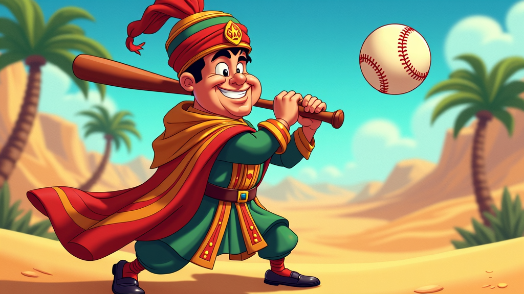 Babe Ruth in opulent sultan attire (turban, flowing robes), mid-swing with a comically jeweled baseball bat, sending a baseball soaring with a crown insignia on it. His expression blends regal confidence with a playful wink.