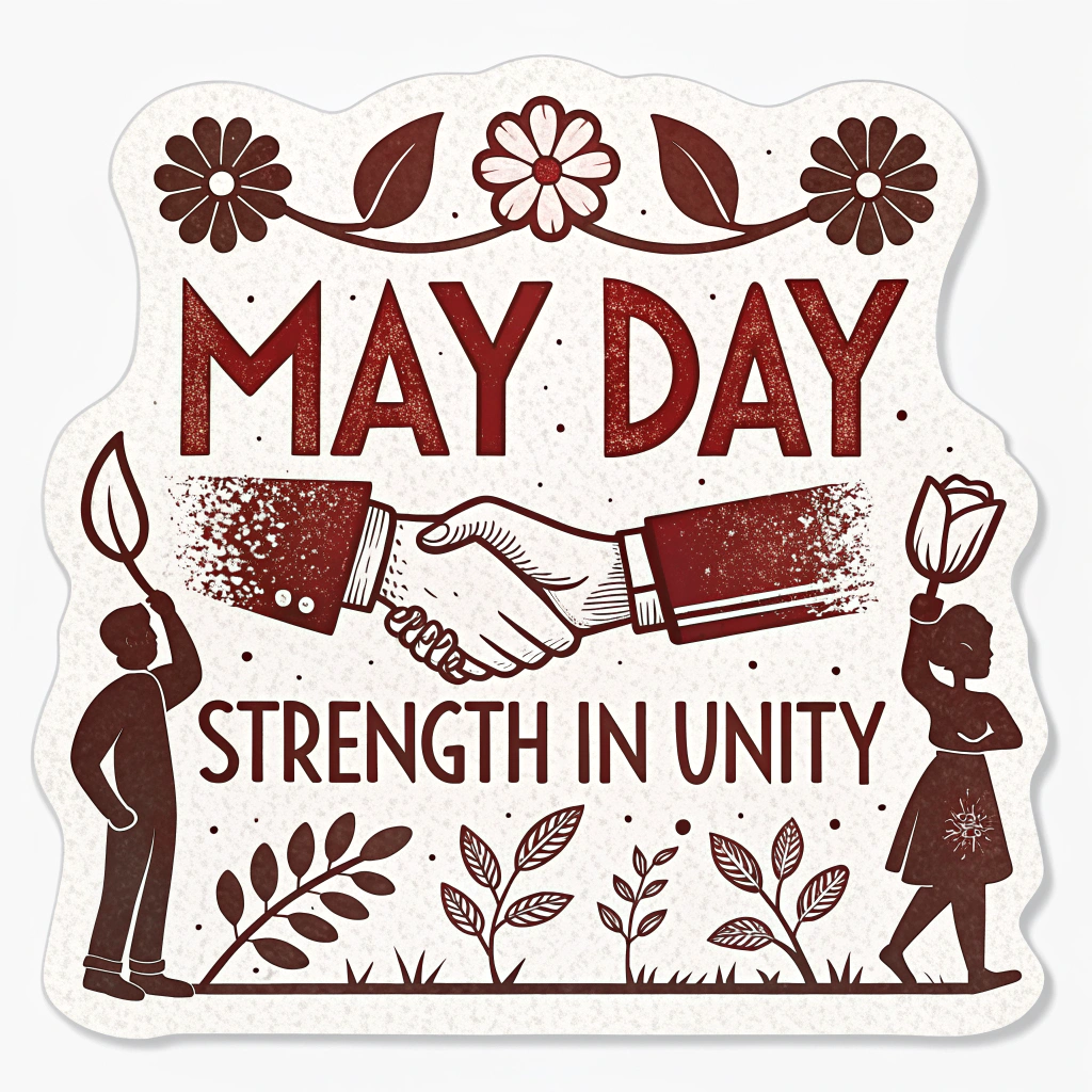 Sub-Design Idea 3 (Folk Art/Woodcut Style): A sticker with a handcrafted, rustic vintage look reminiscent of folk art or woodcut prints. Features bold outlines, simplified figures (e.g., hands shaking, growing plants symbolizing renewal from labor), and text like 'MAY DAY - STRENGTH IN UNITY' in a hand-lettered or sturdy, traditional serif font. Often uses a single color or two-color print effect on a textured background.