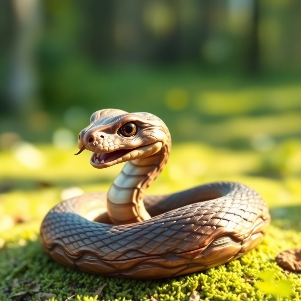 The image is a close-up of a snake coiled up on a bed of green moss. The snake appears to be a cobra, with its body facing towards the right side of the image. Its head is turned slightly to the left and its mouth is open, revealing its sharp teeth. Its eyes are dark and alert, and its tongue is flicking out as if it is ready to strike. The background is blurred, but it seems to be an outdoor setting with trees and greenery.