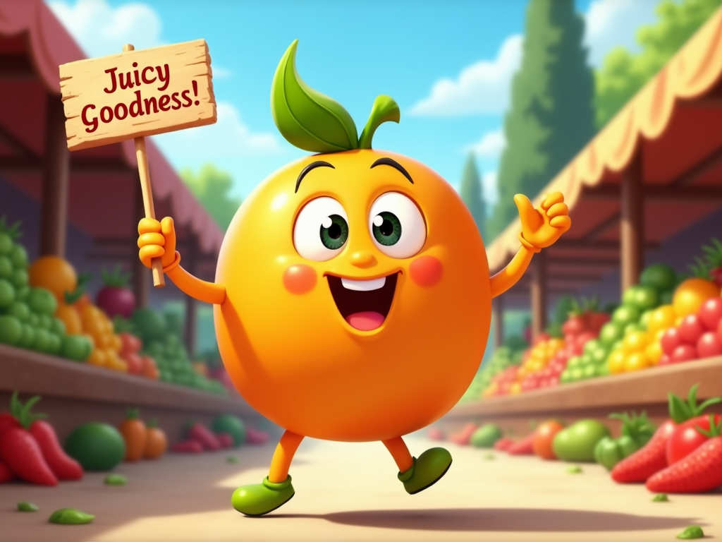 The image is a cartoon illustration of an orange character in a grocery store. The character is holding a sign that reads Juicy Goodness! The orange has a big smile on its face and two green leaves on its head. It is standing on its hind legs with its arms stretched out to the sides. In the background, there are shelves stocked with various fruits and vegetables, including strawberries, tomatoes, and cucumbers. The sky is blue and there are trees in the distance. The overall mood of the image is cheerful and happy.