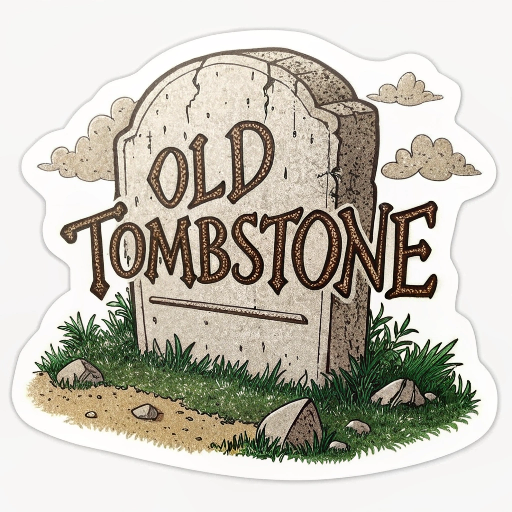 A sticker showing letters reminiscent of an old tombstone.