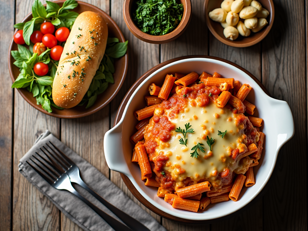 A top-down view of a table set with a rustic wooden background, featuring a warm loaf of garlic bread, a colorful garden salad, and a centerpiece of cheesy baked ziti ready to be served.