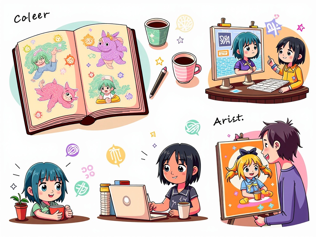 Sketchbook to Spotlight: A narrative illustration series showing an artist's work progressing from intimate sketchbook doodles inspired by observing everyday life or con-goers, through stages of digital or traditional creation fueled by passion (and perhaps coffee), to a finished piece proudly displayed or sold at their Anime Central 2025 booth, capturing the artist's dedicated journey.