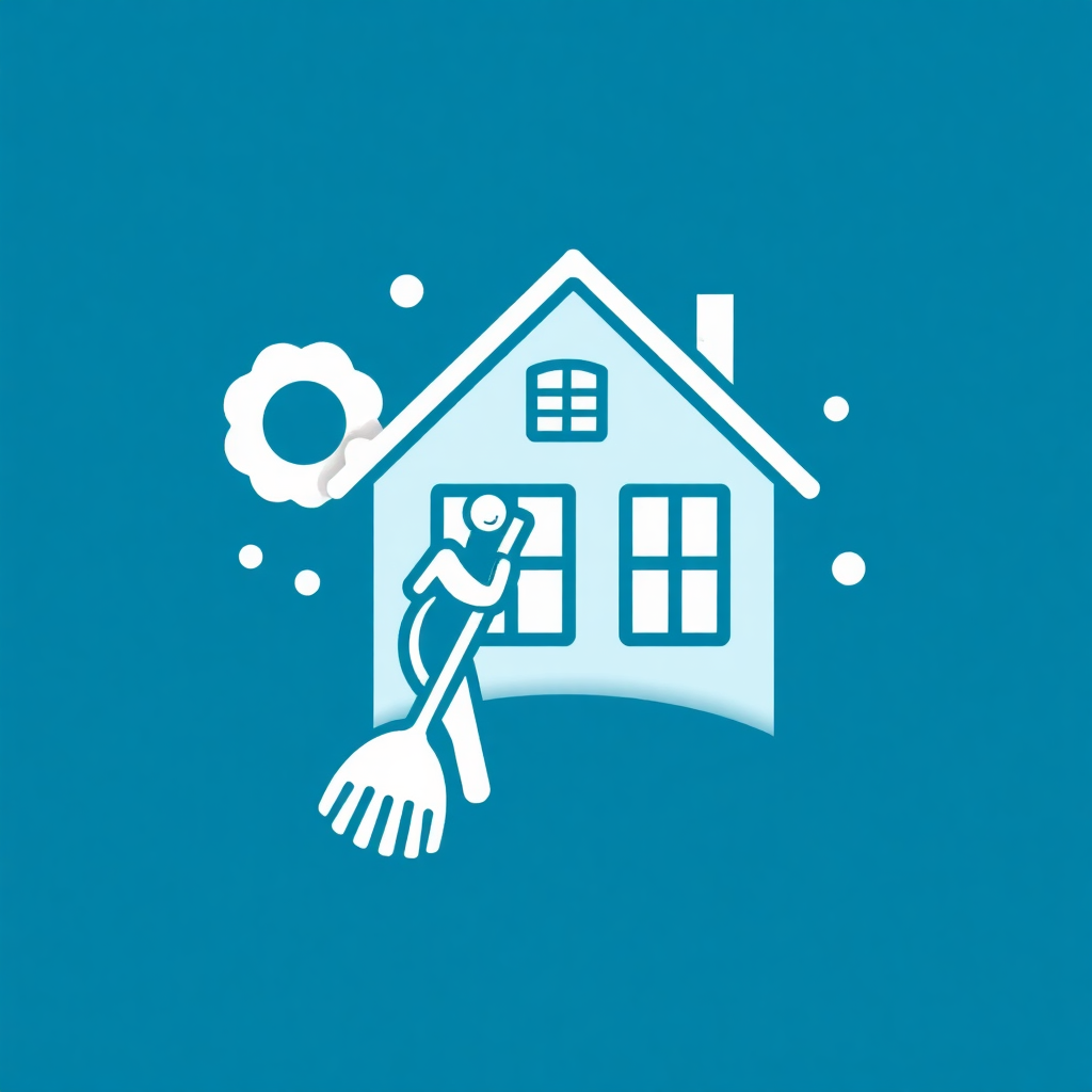 The image is a square icon with a blue background. In the center of the icon, there is a white illustration of a house with a person cleaning the roof. The person is holding a broom and appears to be sweeping the floor. There is a cloud above the house and bubbles around it, suggesting that the person is in the process of cleaning. The overall design is simple and minimalistic.