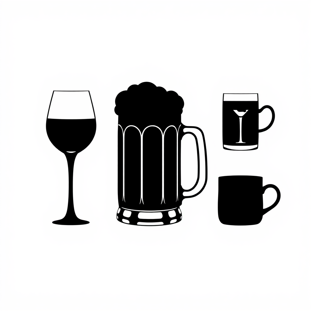 Design a set of silhouette icons featuring distinct glassware for major beverage categories: wine (wine glass), beer (stein/pint), cocktails (martini/coupe), coffee (mug), and tea (teacup), highlighting their unique shapes.