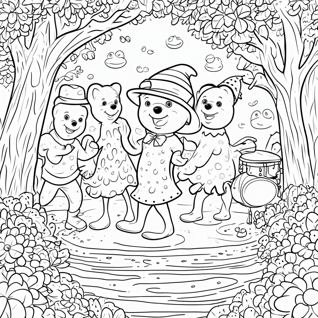 An Enchanted Gummy Forest Fiesta where gummy bears celebrate in a forest with gummy drop leaves on trees, fruit punch rivers, and edible candy bloom flowers, showing them dancing and playing candy instruments.