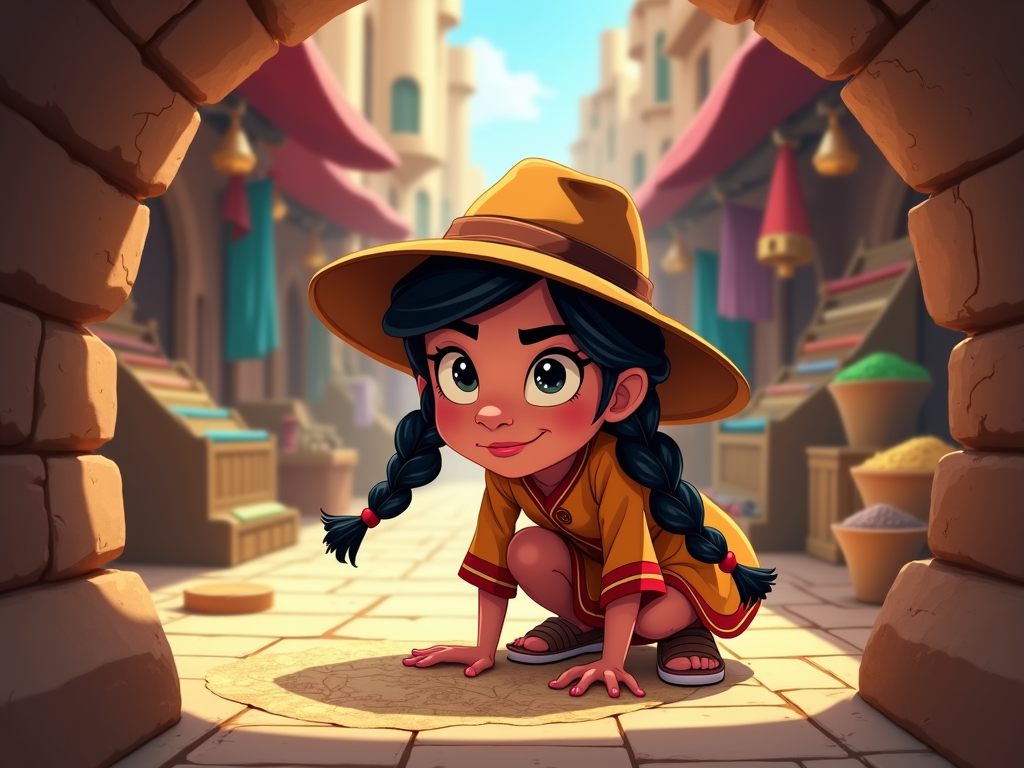 A clever Qatari girl detective discovers a hidden passage in the souq leading to a secret chamber, with ancient maps and artifacts.