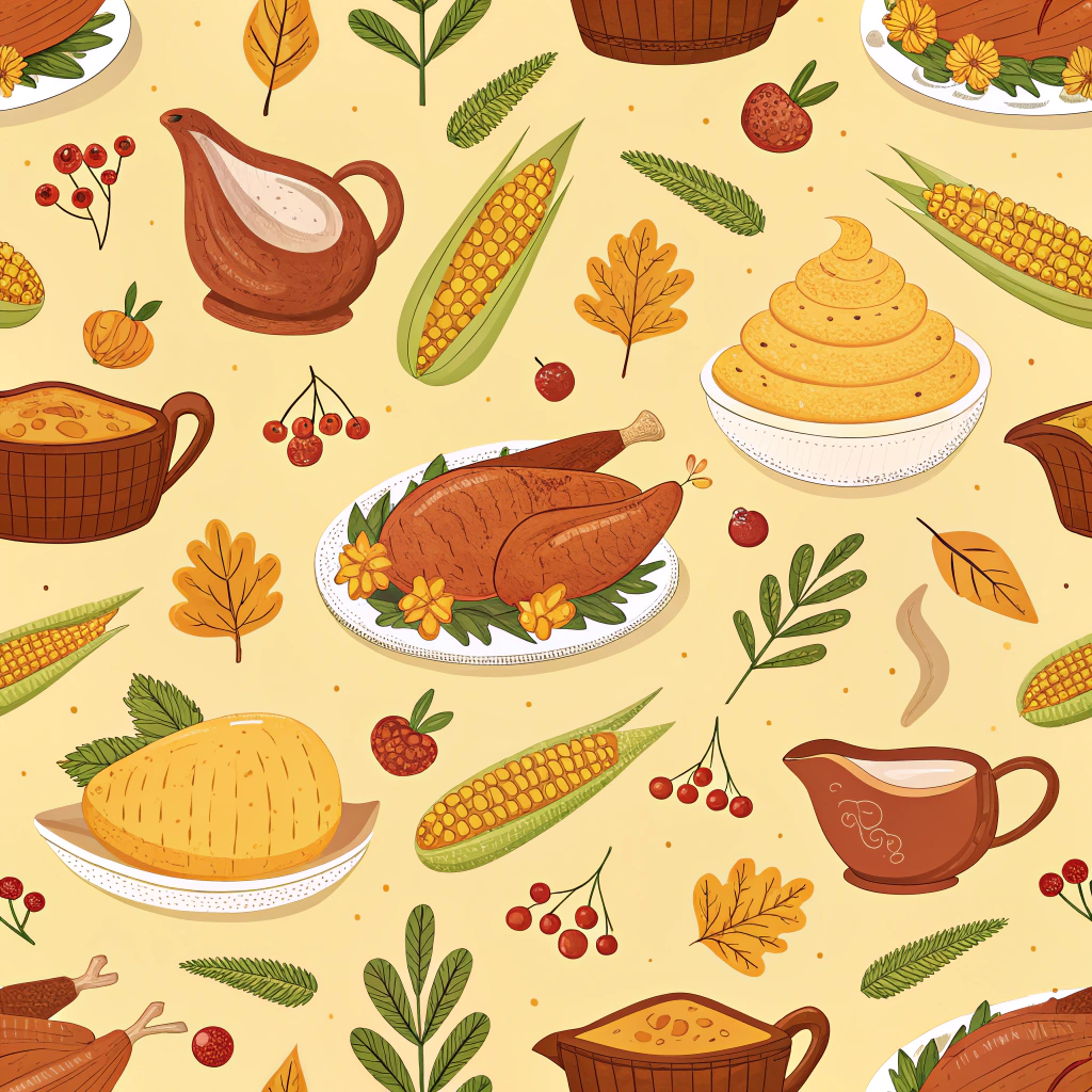 A vibrant, mosaic-style Thanksgiving pattern showcasing an assortment of traditional foods like corn, turkey, mashed potatoes, and gravy boats. Set on a light mustard background, the bold and rich colors convey a sense of abundance and the joy of a Thanksgiving meal.