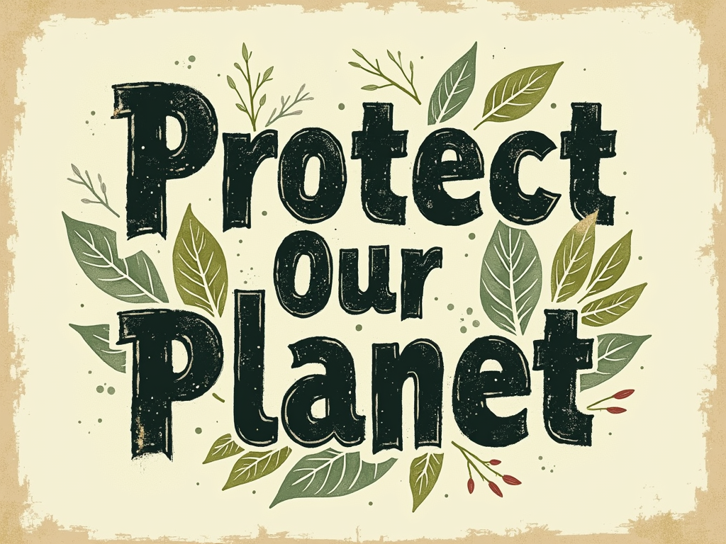 A hand-drawn, slightly distressed 'Protect Our Planet' typographic style, resembling a painted stencil or a screen print on recycled material, evoking a grassroots activism feel.