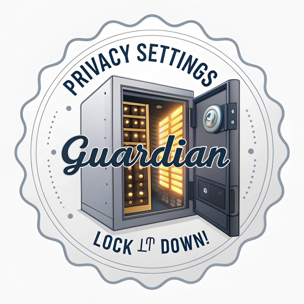 Sub-design 4: A digital vault door, slightly ajar, revealing glowing, abstract representations of data being secured. The text 'Privacy Settings Guardian' is styled like a high-security stamp, with 'Lock It Down!' appearing as if etched onto the vault door.