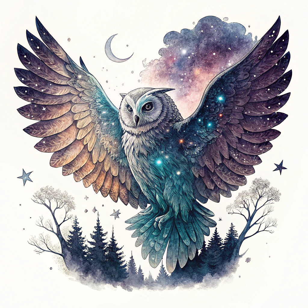 A sticker depicting a majestic owl whose wings merge into a swirling galaxy or nebula. The background includes stars and a subtle EDC landmark silhouette, with glitter accents.