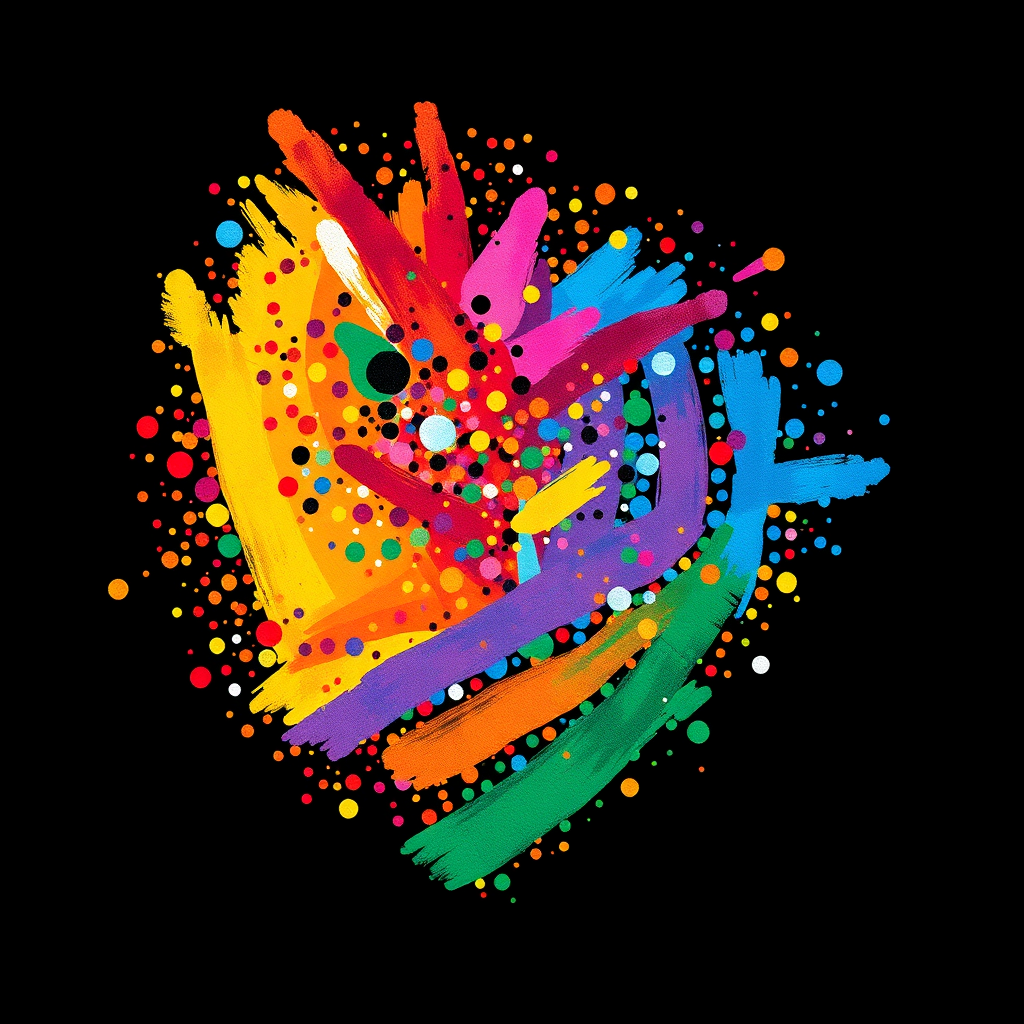 Abstract Identity Mosaic: A composition built from numerous small, distinct abstract elements (dots, tiny facets, brush strokes) in a full palette of Pride colors, coming together to form a larger, energetic, and cohesive abstract shape that feels diverse yet unified.
