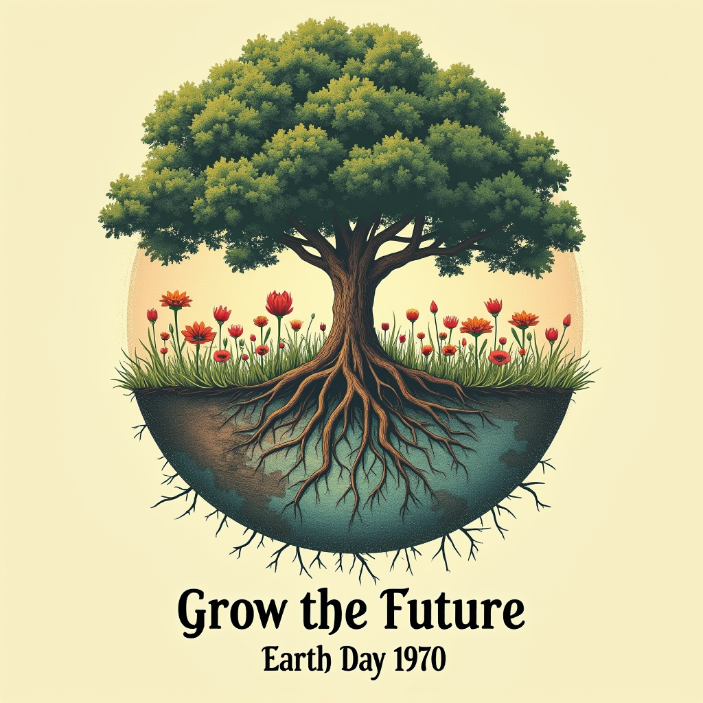 Design featuring a vintage botanical illustration style. Depict a flourishing tree or a collection of native plants with roots forming the shape of the Earth. Use faded colors and a tagline like 'Grow the Future - Earth Day [Year, e.g., 1970]' in a classic serif or script font printed to look slightly aged.