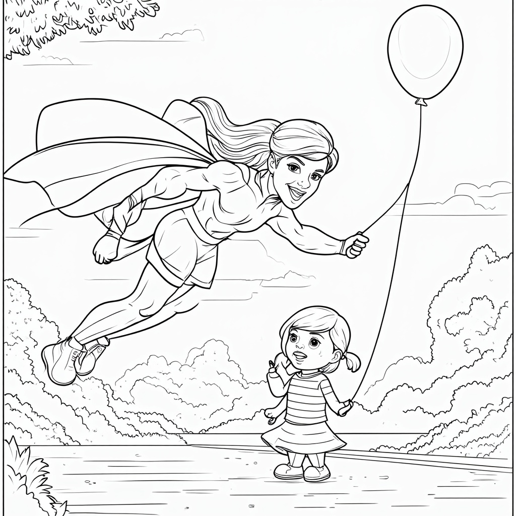 Superhero using flight to retrieve a lost balloon for a crying child in a park.