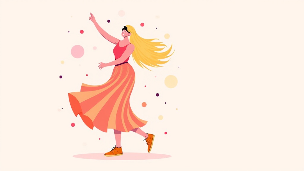 The image is an illustration of a young woman with long blonde hair. She is wearing a pink top and a long orange skirt that is flowing in the wind. The woman is dancing with her arms stretched out to the sides and her head tilted back, as if she is enjoying the moment. She has a big smile on her face and is wearing orange shoes. The background is white with small pink and yellow polka dots scattered around. The overall style of the illustration is playful and whimsical.