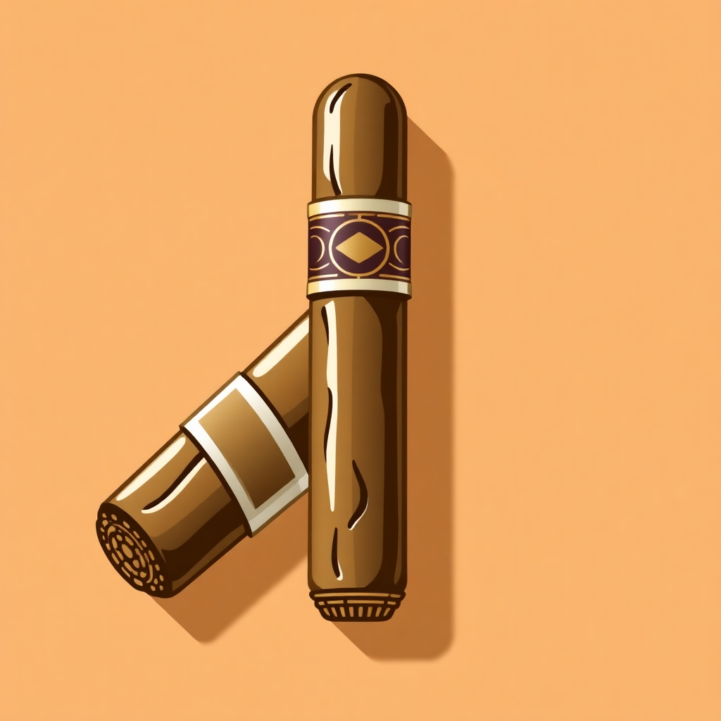 The image is an illustration of a cigar. The cigar is brown in color and has a cylindrical shape with a pointed end. It is lying on its side on an orange background. The top of the cigar has a gold-colored band with a circular design in the center. The band has a small loop at the top for attaching it to a cigar holder. The overall design is simple and minimalistic.