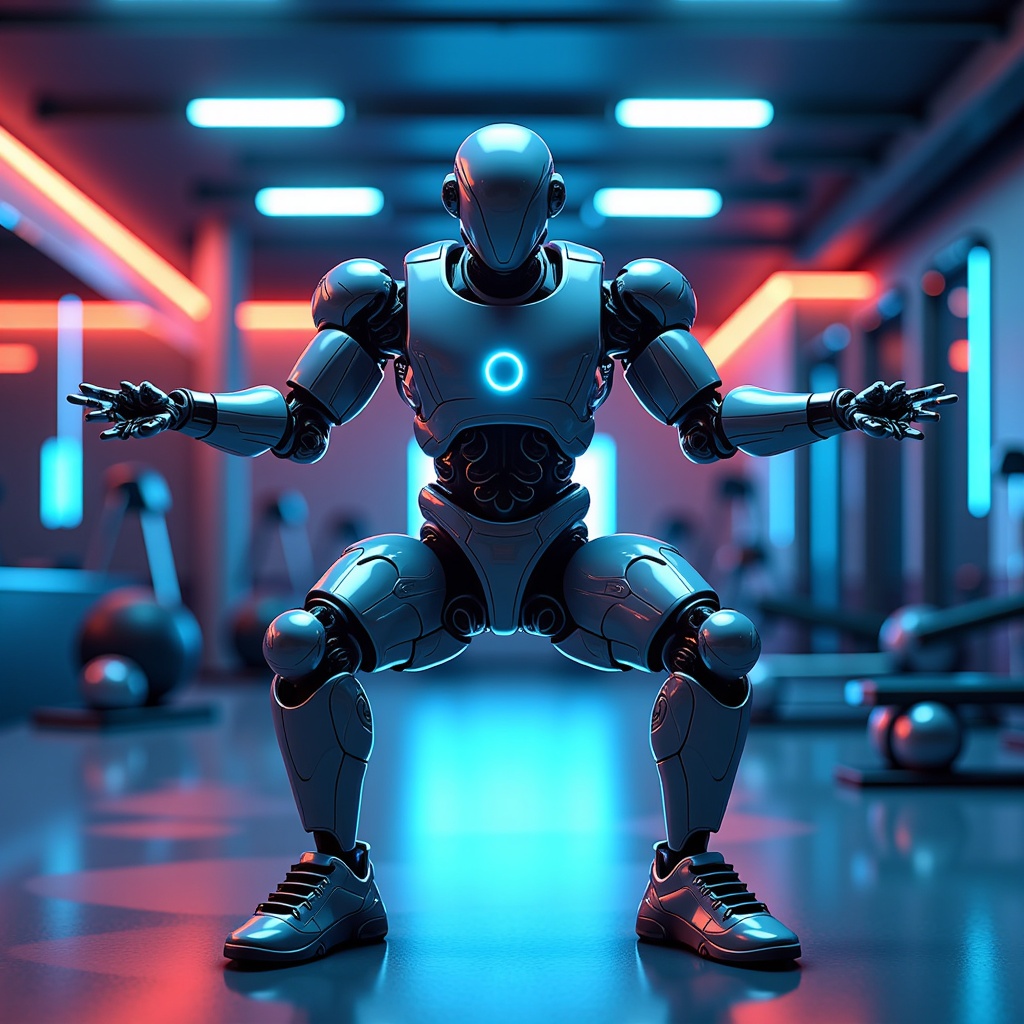  a robot standing in a gym with its arms stretched out in front of it. The robot appears to be in a fighting stance, with its legs slightly bent and its arms extended. It has a round head with a blue light in the center, and its body is made up of multiple arms and legs. The background of the image is a dimly lit gym with various exercise equipment and mirrors. The overall color scheme is blue and red, giving the image a futuristic and futuristic feel.