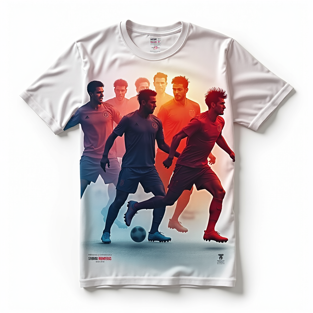 T-shirt with multiple, overlapping, semi-transparent player silhouettes in dynamic poses, symbolizing tactical fluidity and teamwork. Background can be subtle pitch-inspired graphics or abstract color washes representing team synergy. 'FIFA Club World Cup 2025' text.