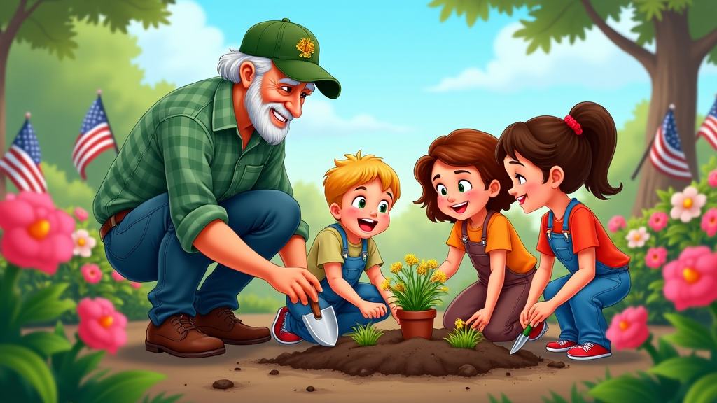 An imaginative cartoon where a veteran helps plant remembrance flowers with children in a community garden. Each child holds small gardening tools, and the veteran shares tips, nurturing both the plants and the message of gratitude. The garden flourishes with flags and plaques commemorating heroes.