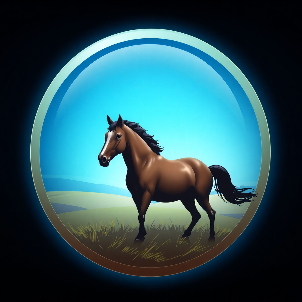 The image is a circular illustration of a brown horse running on a grassy field. The horse is in motion, with its mane and tail flowing in the wind. The background is a deep blue sky with a few wispy clouds. The grass is a golden yellow color and appears to be freshly cut. The overall mood of the image is peaceful and serene.