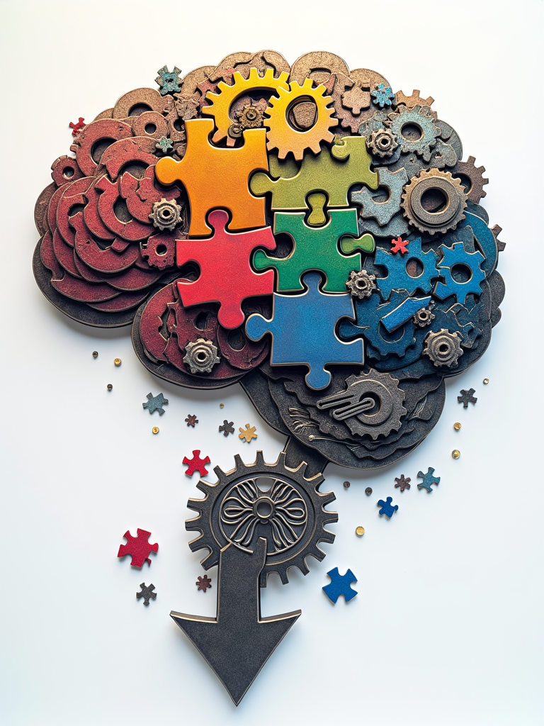 A series of interconnected gears or puzzle pieces, some forming a brain-like shape ('Shaping Minds') and others connecting to form an arrow pointing upwards or a branching path ('Changing Futures').