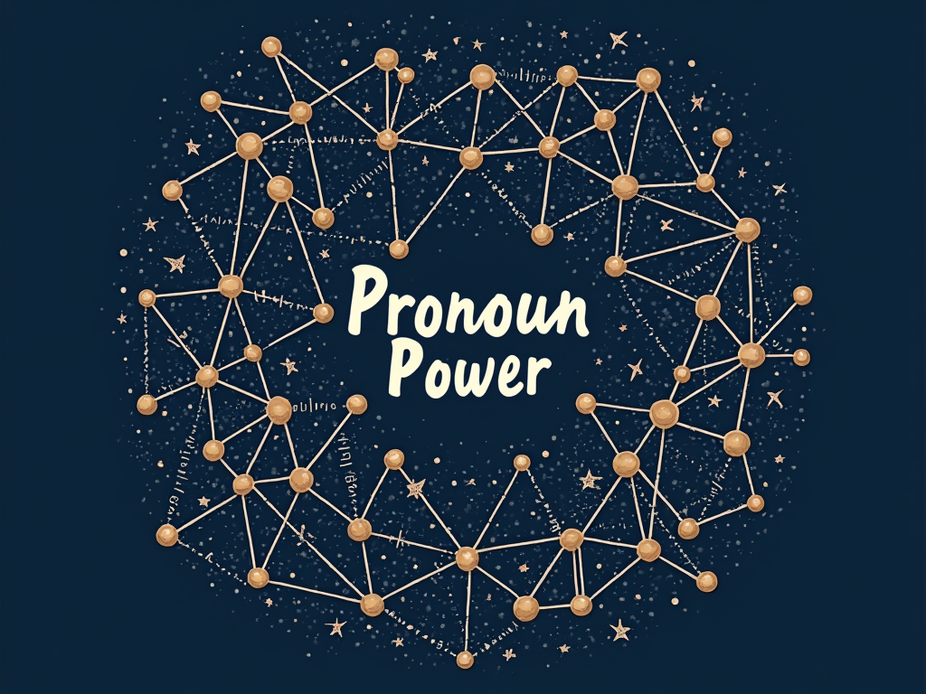 Pronoun Constellation: Various sets of pronouns (e.g., They/Them, She/They, He/Him) artistically arranged to form a constellation or a connected network, symbolizing the interconnectedness and diversity of identities, with 'Pronoun Power' as a central title.