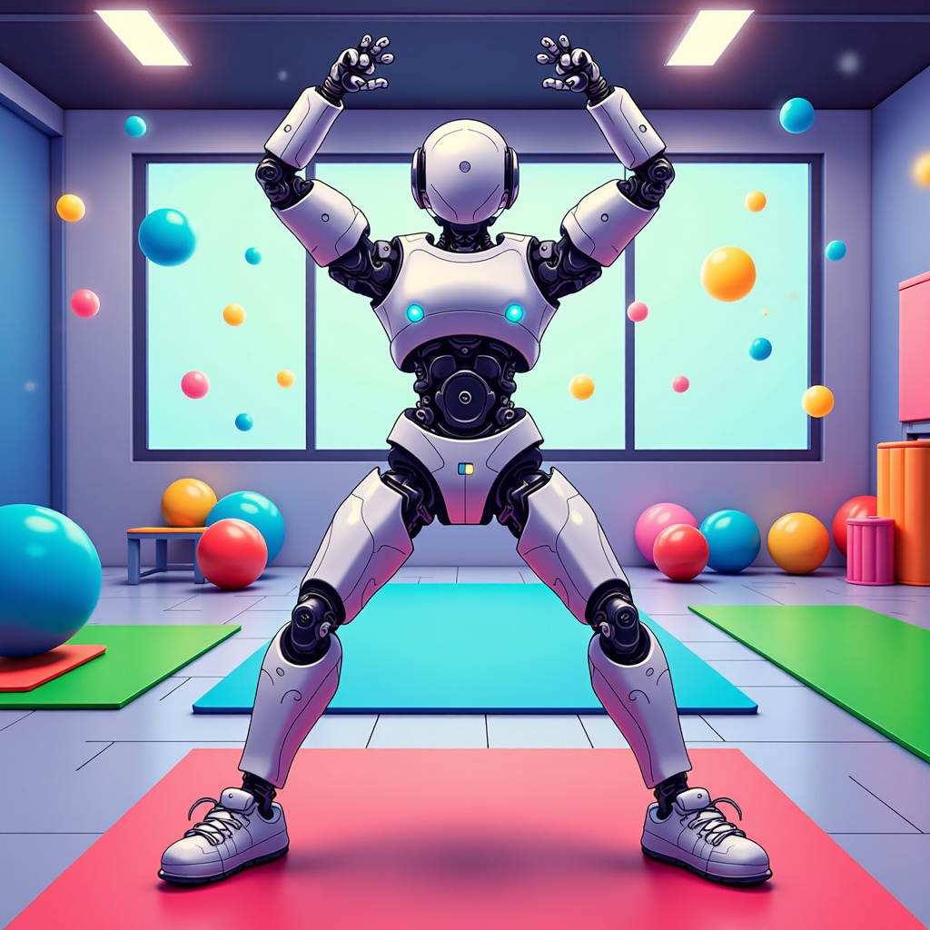  a robot in a dance studio. The robot is standing on a red mat with its arms stretched out in front of it. It has a white helmet on its head and is wearing a black suit with blue accents. The background of the image is filled with colorful balls of different sizes and colors, including blue, orange, yellow, and pink. There is a large window on the wall behind the robot, and a pink cabinet on the right side of the room. The floor is covered with colorful mats, and there are several exercise balls scattered around the room, suggesting that the robot is in the middle of a dance routine.