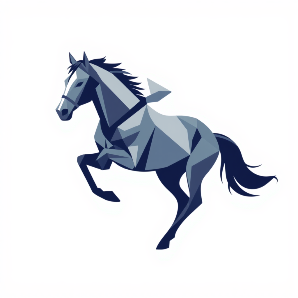 Geometric abstraction of a racehorse using clean triangles and arcs, focusing on a dynamic pose that conveys power and movement with minimal detail.