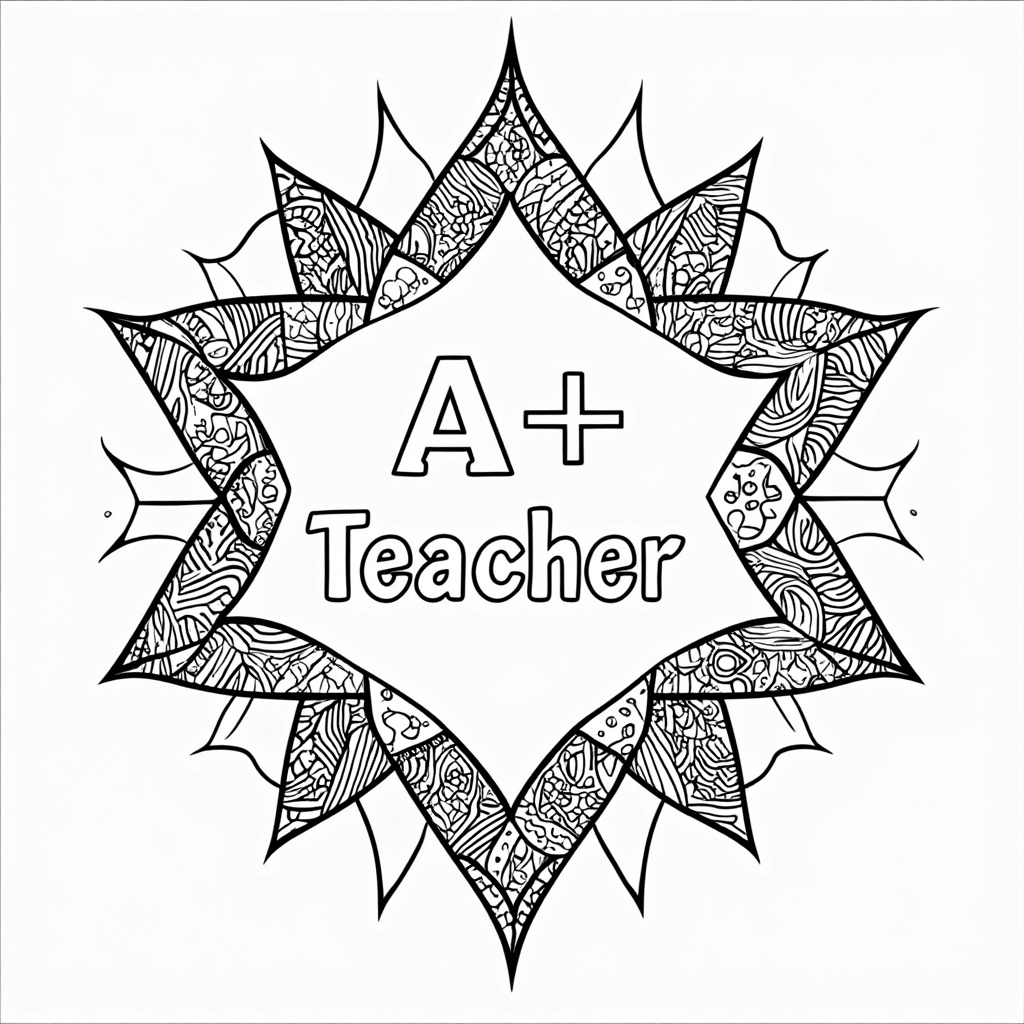 A 'Zentangle Star Mandala' page. 'A+ Teacher' is written in a clear, blocky font suitable for coloring, positioned centrally. It's encircled by a dense, mandala-like arrangement of stars, where each star is filled with intricate zentangle or doodle patterns for detailed and mindful coloring.