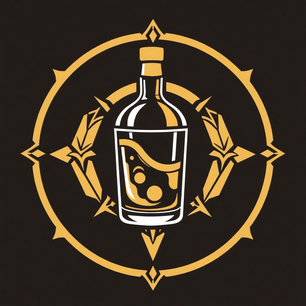 The image is a logo or emblem of a bottle of whiskey. The bottle is in the center of the image and is surrounded by a circular design with a gold border. The design is made up of two crossed swords on either side of the bottle, creating a symmetrical pattern. The swords are arranged in a way that they form a circle around the bottle. The background is black, making the gold design stand out. The overall design is simple and elegant.