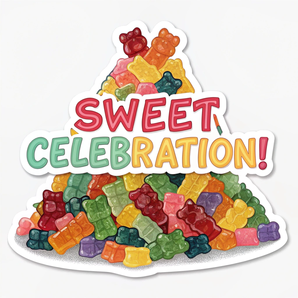 'Sweet Celebration' Sticker: Design a sticker with a colorful gummy bear pile. Integrate the text 'Happy Gummi Bear Day!' or a shorter 'Sweet Celebration!' in a fun, bubbly font that seems to be made of gummy material itself, embedded within or on top of the pile.