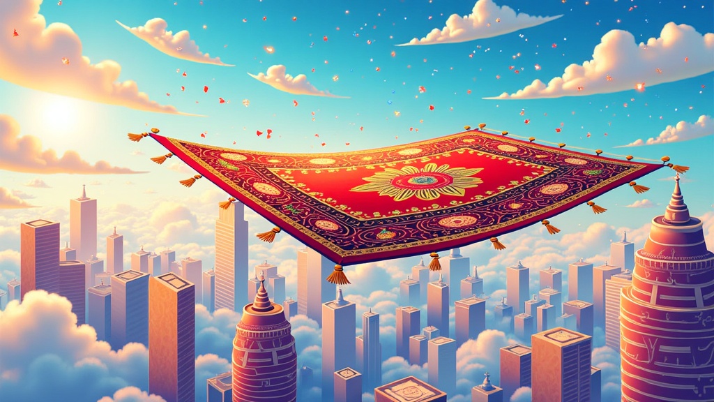A dynamic composition showing the carpet ascending or sweeping quickly over the city, with a sense of wind and motion. Magical trails or shimmering particles could emanate from the carpet.