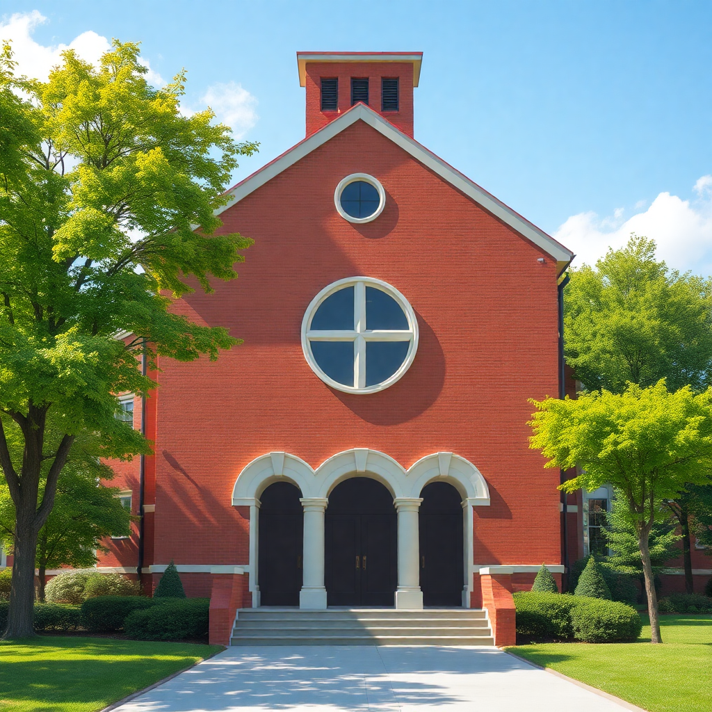  a red brick church with a steep steeple and a large round window on the front. The church has two arched windows on either side of the entrance, with a set of stairs leading up to the front door. The entrance is flanked by two columns and there are trees and bushes surrounding the building. The sky is blue with white clouds and the grass is green. The building appears to be well-maintained and well-manicured.