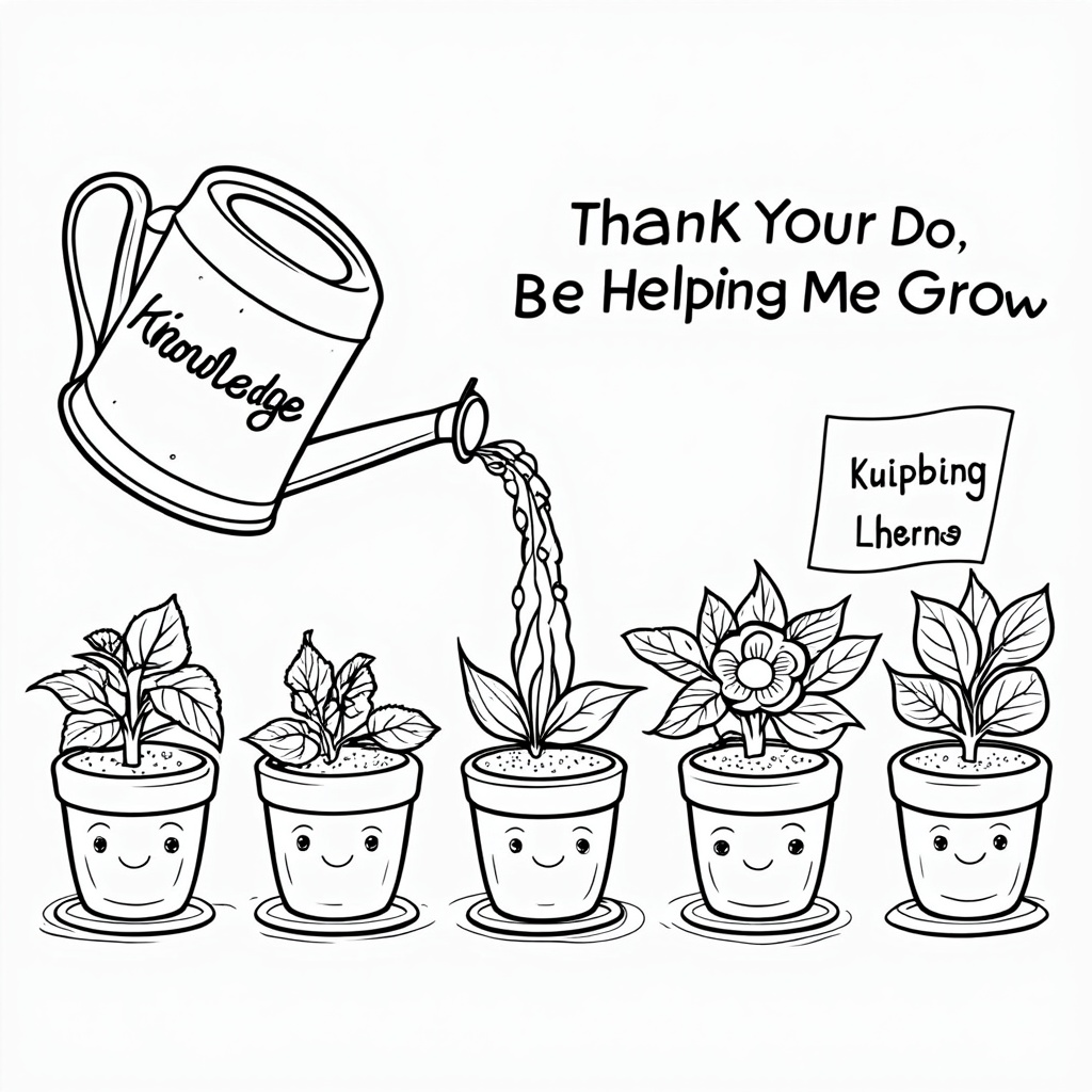 A page featuring a large, detailed watering can labeled 'Knowledge' pouring water onto a row of diverse, smiling potted plants (representing students), each at a different stage of growth. The text 'Thank You for Helping Me Grow' can be flowing with the water or written on a garden sign next to the pots. This allows for coloring different textures (metal, terracotta, leaves, flowers).