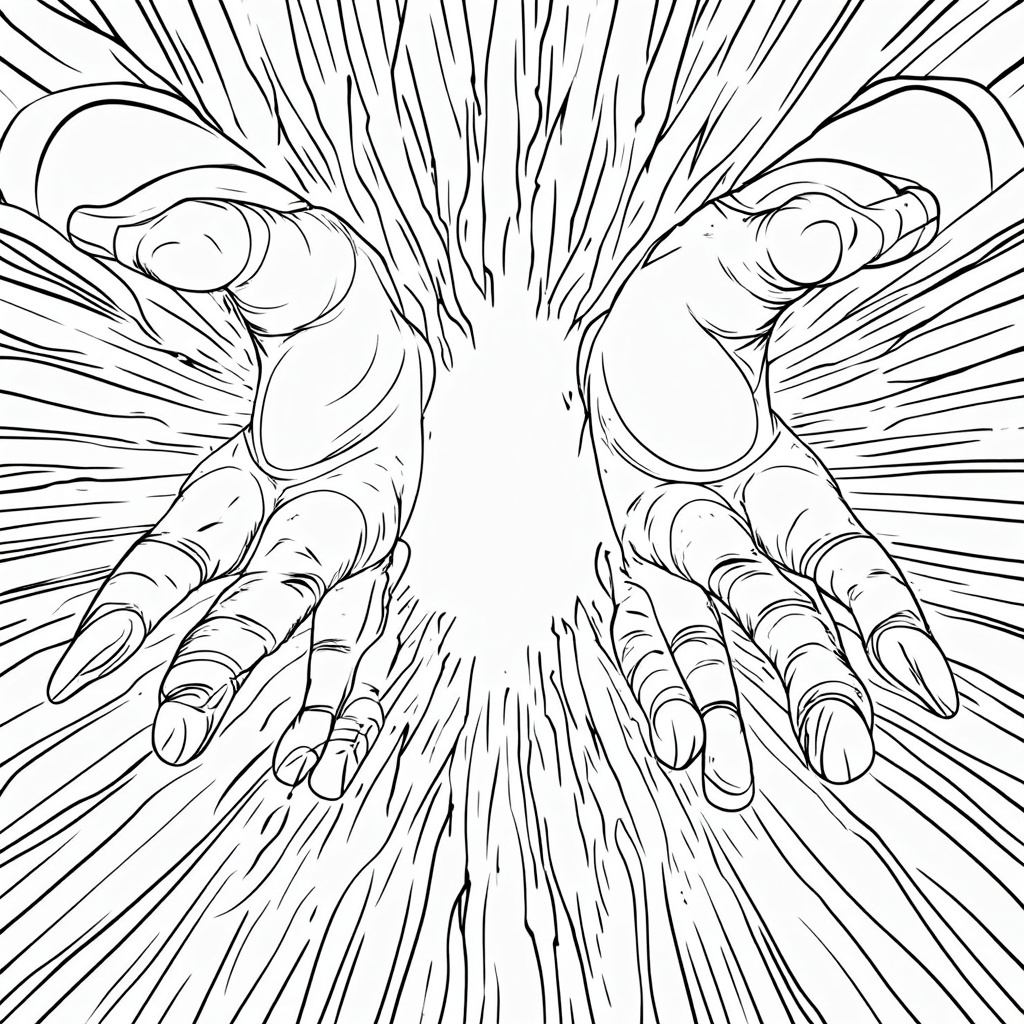 Close-up on a superhero's hands crackling with vibrant energy patterns (like lightning or swirling light), emphasizing the power's texture and intensity, ready to be colored.