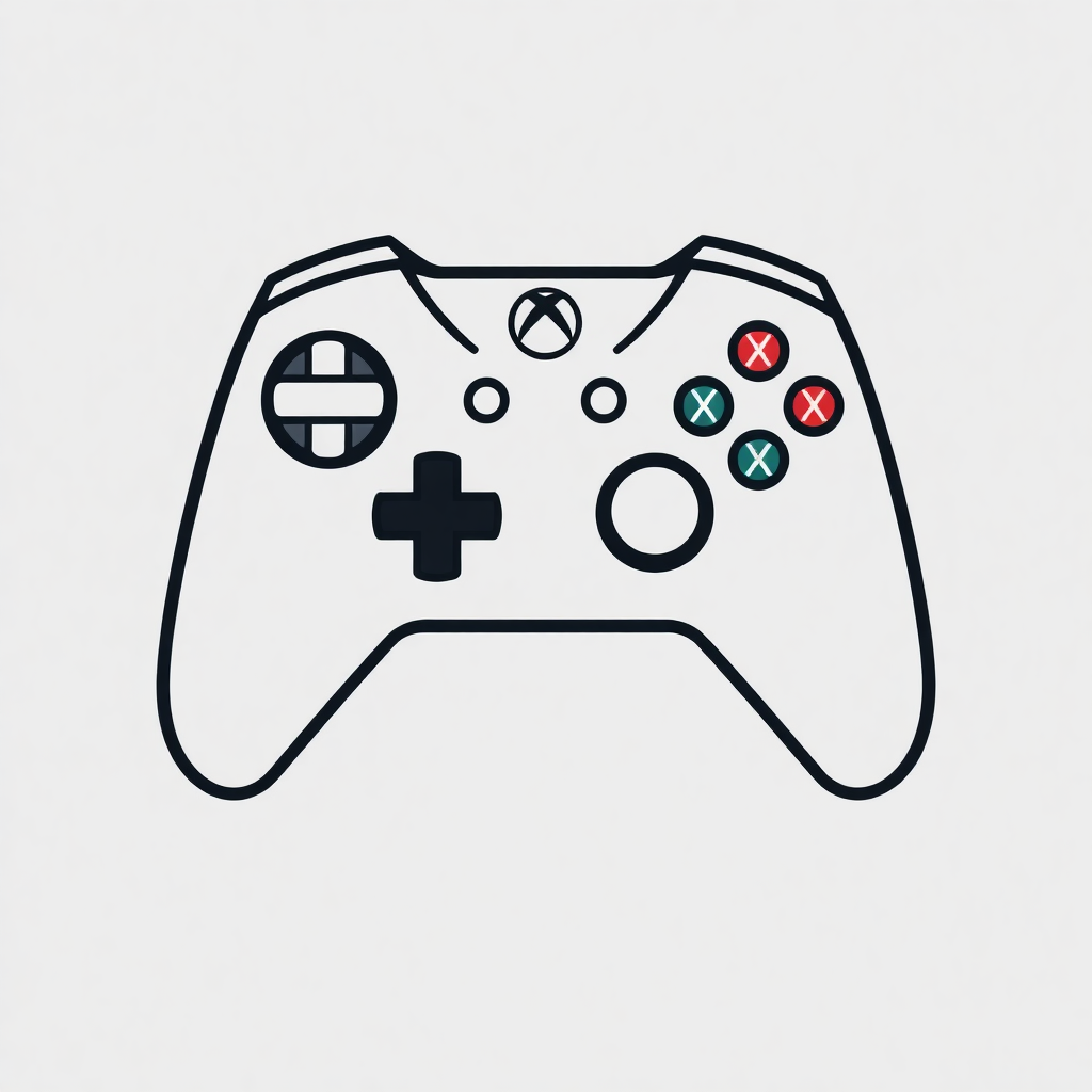 The image is a line drawing of a video game controller. It is a simple, minimalist design with a white background. The controller has four analog sticks, a directional pad, four action buttons, two shoulder buttons, and two triggers. There are also two directional buttons on the left side of the controller, one on the right side, and three on the bottom right side. The joystick is also black and has a plus sign in the center. The overall design is simple and minimalistic.