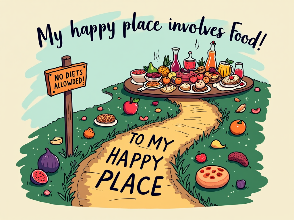A whimsical illustration of a path labeled 'Road to My Happy Place' leading to a table laden with diverse, delicious foods, with a signpost saying 'No Diets Allowed.' Text: 'International No Diet Day - My Happy Place Involves Food!'