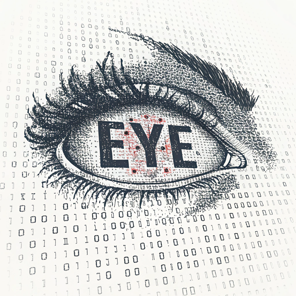 An eye motif heavily pixelated or glitching, with binary code (0s and 1s) subtly forming the shape or background. This represents the digital nature of surveillance and potential data corruption or manipulation.