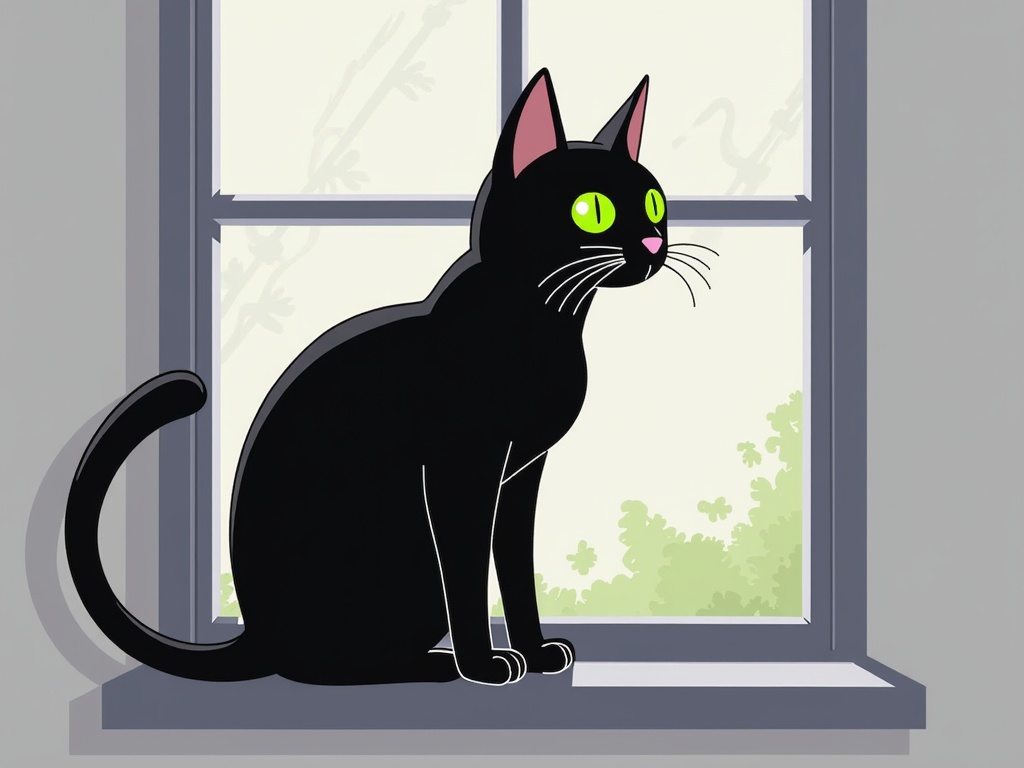 The image is a digital illustration of a black cat sitting on a window sill. The cat is facing towards the right side of the image and is looking out the window with its ears perked up. It has green eyes and a pink nose. The window has a white frame and the background is a light grey color with a floral pattern. The overall style of the illustration is flat and cartoon-like.