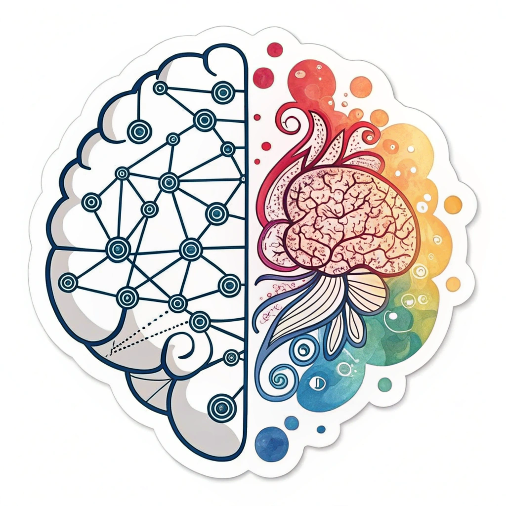 A stylized brain icon with one hemisphere depicted as interconnected data nodes and the other as a flowing, colorful artistic representation, symbolizing the AI's 'thought' process transforming data into art.