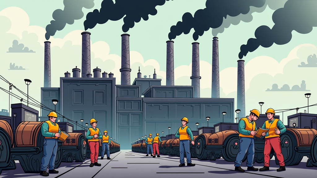  a group of workers in a factory. They are wearing yellow hard hats and safety vests, and are standing in front of a large industrial building with multiple chimneys emitting black smoke. The building appears to be made of concrete and has multiple levels. The workers are standing on a platform with several large tanks or tanks on either side. The sky is blue with white clouds, and there are power lines running along the sides of the platform. The overall mood of the image is one of urgency and danger.