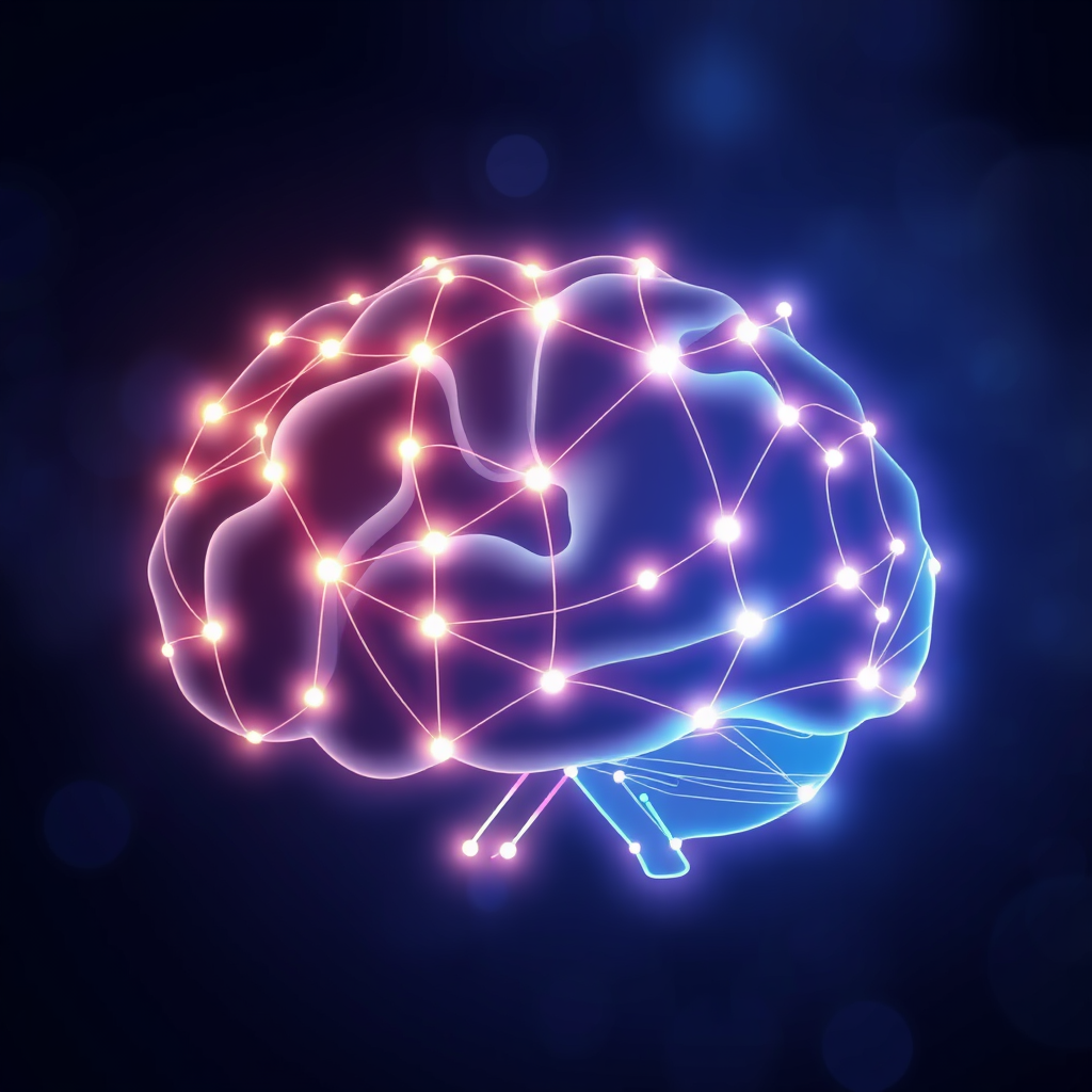 An abstract representation of a brain silhouette formed by glowing, interconnected nodes and lines, suggesting intelligence and connectivity.