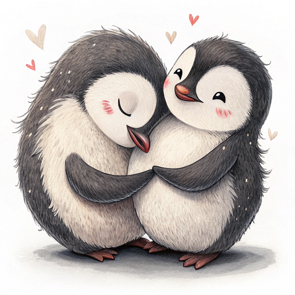 A sticker showing two adorable penguins cuddling, forming a heart shape with their bodies.