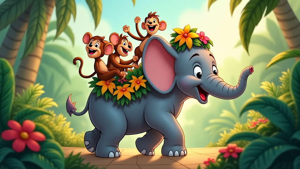 A side view of an elephant with a joyful expression, carrying a group of smaller jungle animals on its back, including a singing bird and a chattering monkey, with a bright, sunny background that evokes a sense of fun and adventure.