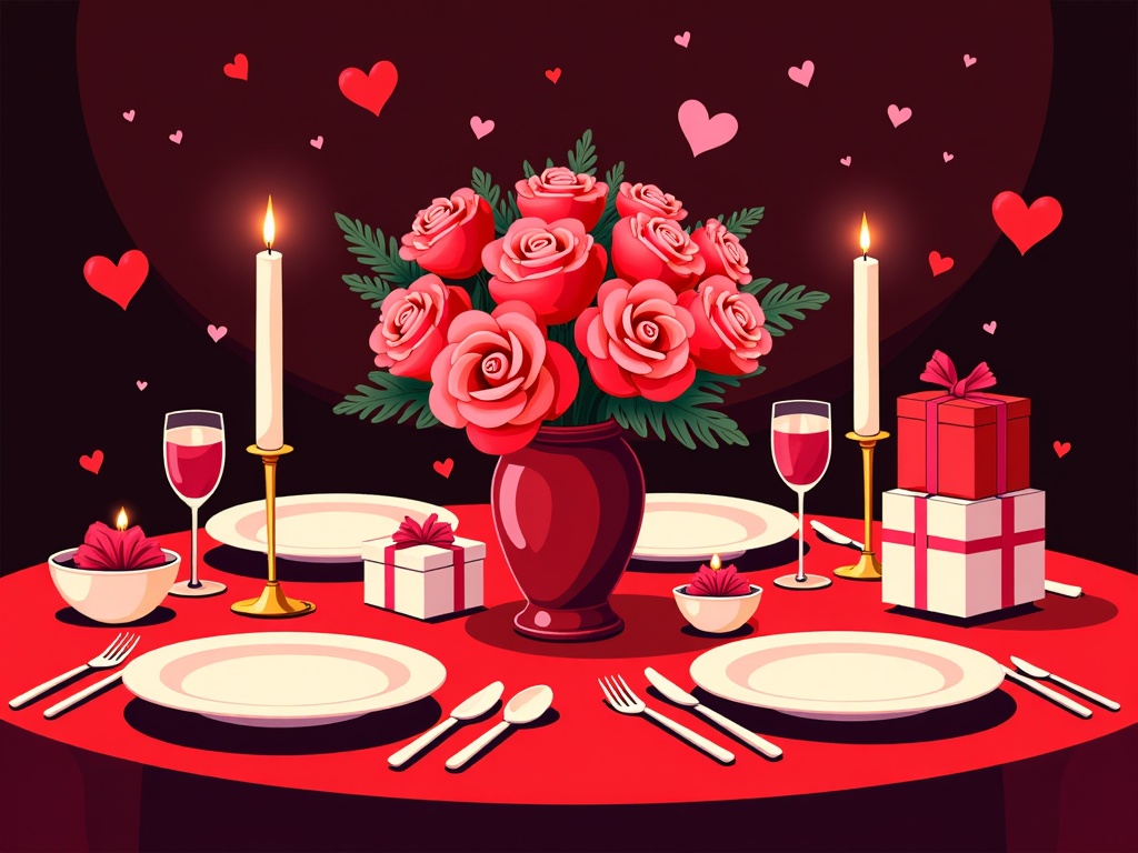 An illustration of a table set for a Valentine's Day dinner with gifts and a bouquet of flowers.